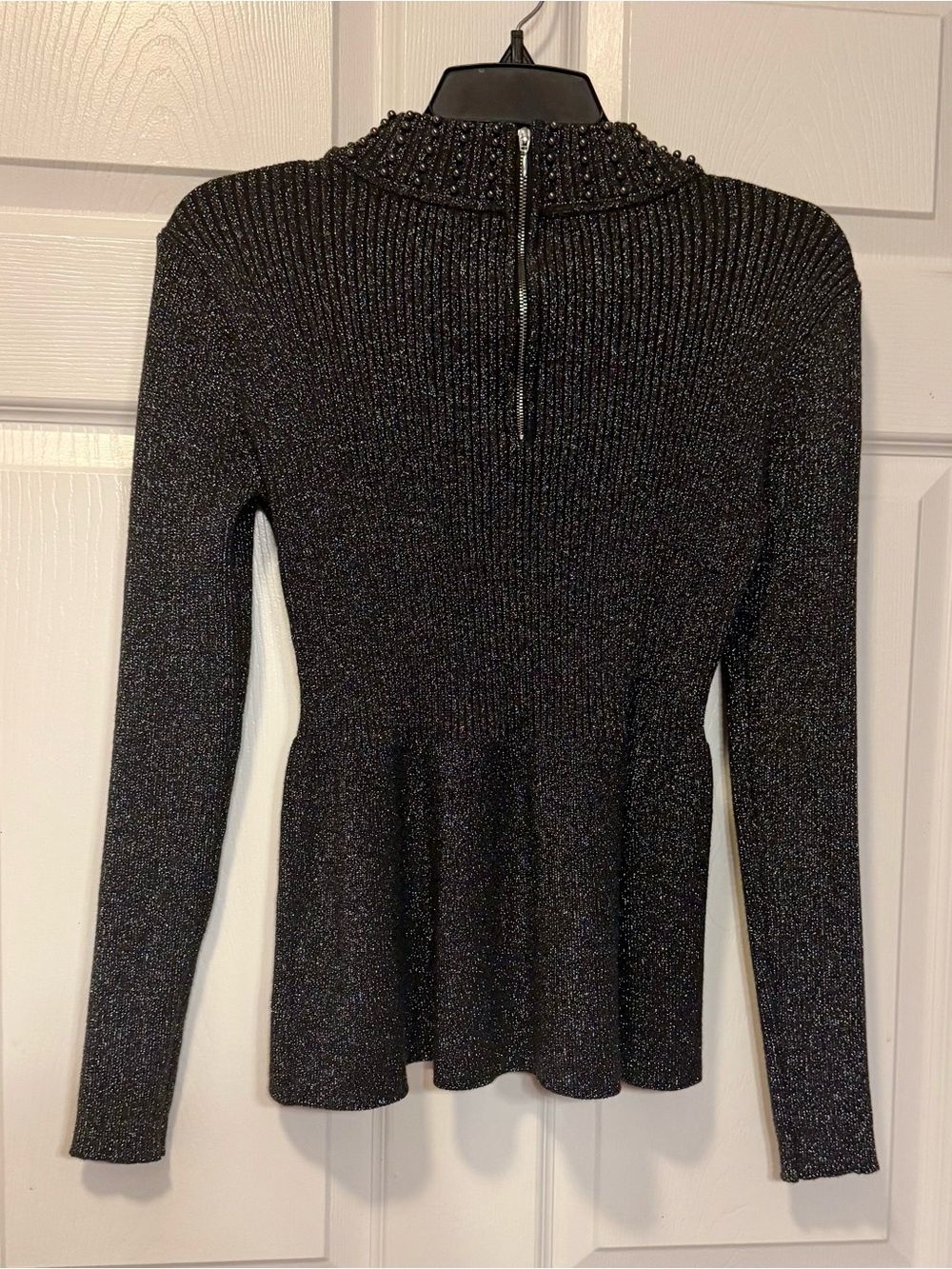Belldini Black Silver Metallic Mock Neck Peplum Top Embellished Collar Size Smal - Picture 3 of 13